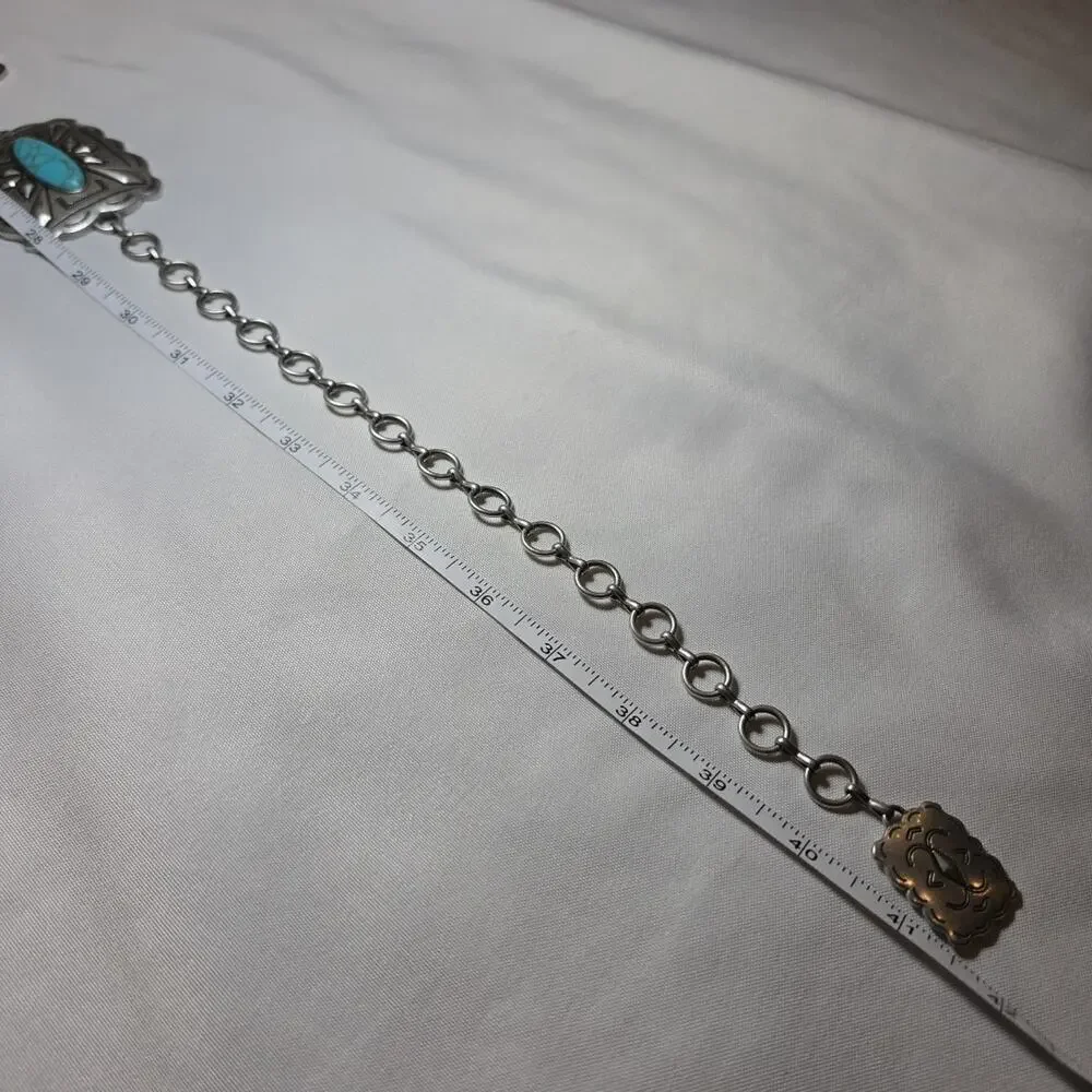 Rectangular Silver Tone Turquoise Concho Chain Western Belt Womens M Festival - Picture 8 of 11